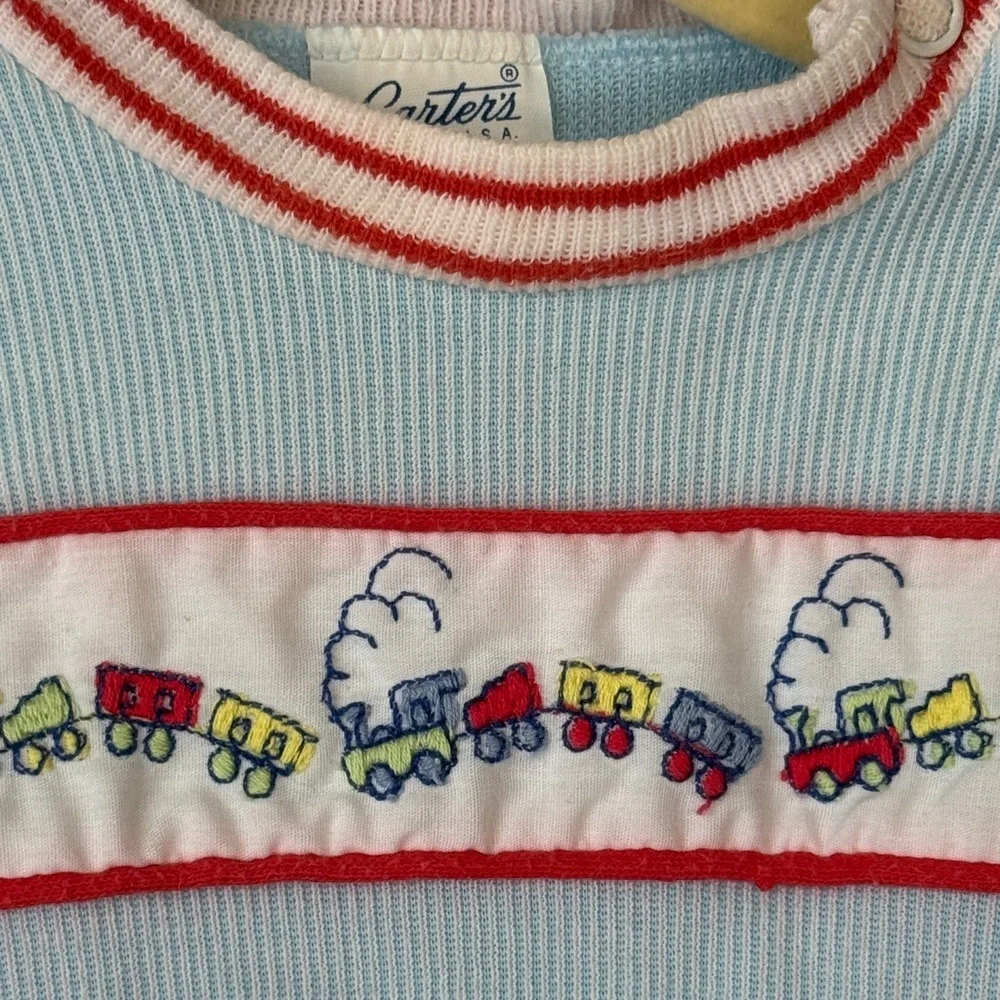Vintage 90s Carter’s bubble romper embroidered train baby boy corduroy shortall